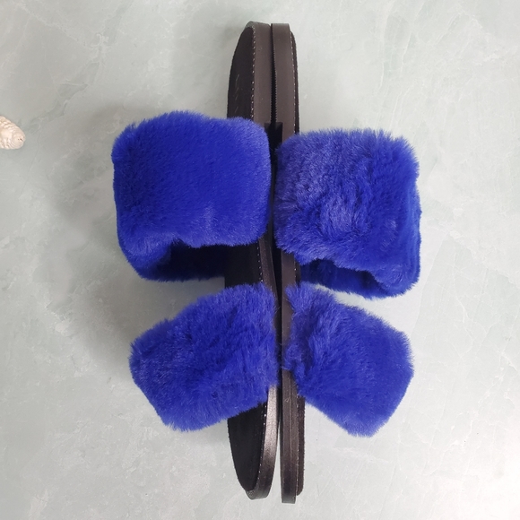 NEW Liliana Blue Fur Double Band Flat Slides - Picture 5 of 7